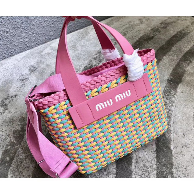 Miu Miu Woven Faux Leather Tote Bag 5BA077 Pink 2018