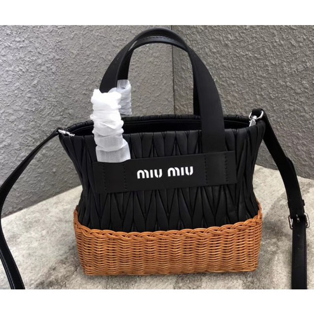 Miu Miu Matelassé Nappa Leather and Wicker Tote Bag 5BA076 Black 2018