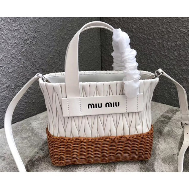 Miu Miu Matelassé Nappa Leather and Wicker Tote Bag 5BA076 White 2018