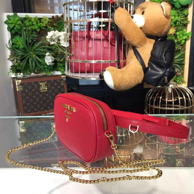 Prada Saffiano Fanny Pack 20cm Bag with Chain 1BL007 Calfskin Leather Spring Summer 2018 Collection Red