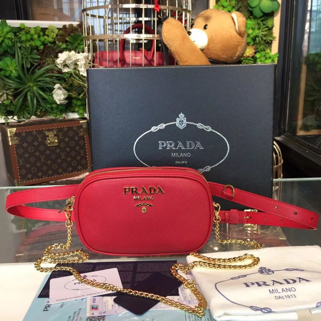 Prada Saffiano Fanny Pack 20cm Bag with Chain 1BL007 Calfskin Leather Spring Summer 2018 Collection Red
