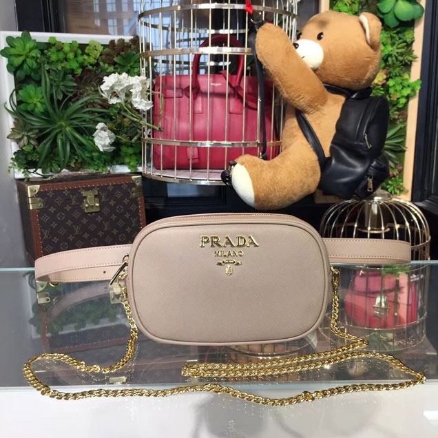 Prada Saffiano Fanny Pack 20cm Bag with Chain 1BL007 Calfskin Leather Spring Summer 2018 Collection Beige