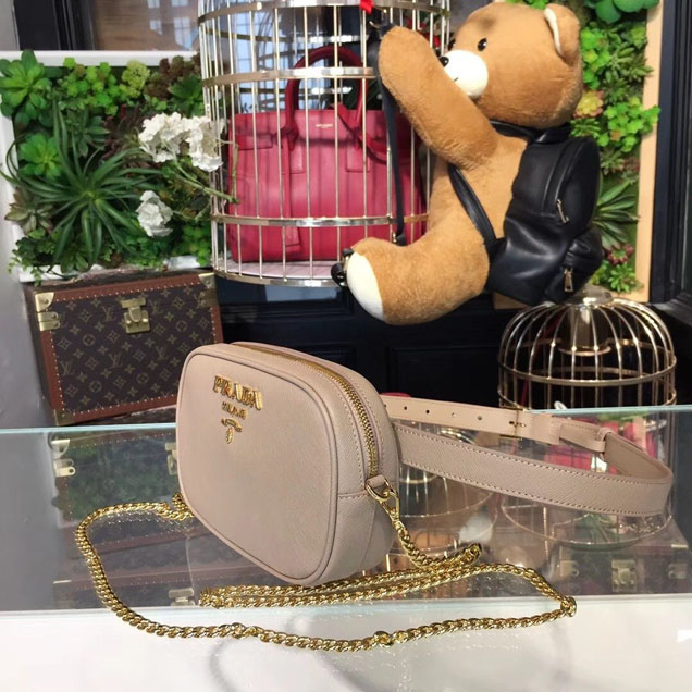 Prada Saffiano Fanny Pack 20cm Bag with Chain 1BL007 Calfskin Leather Spring Summer 2018 Collection Beige