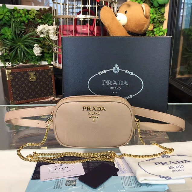 Prada Saffiano Fanny Pack 20cm Bag with Chain 1BL007 Calfskin Leather Spring Summer 2018 Collection Beige