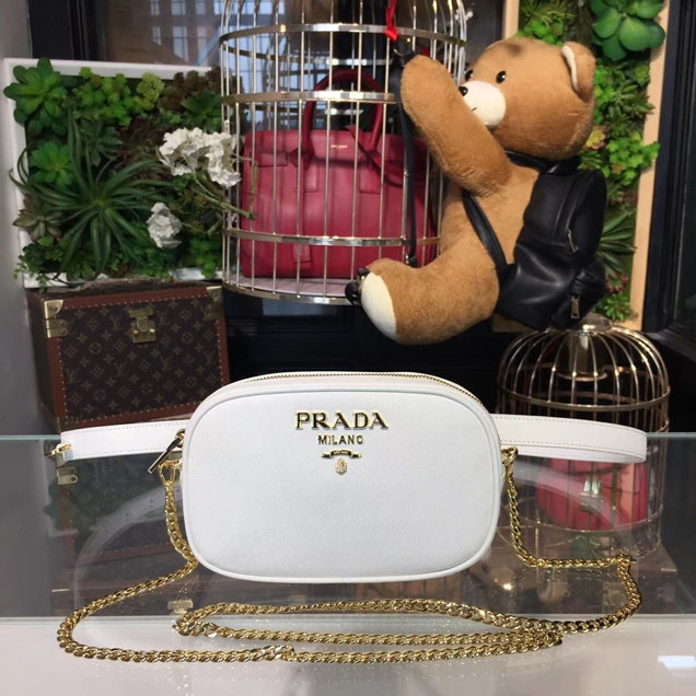 Prada Saffiano Fanny Pack 20cm Bag with Chain 1BL007 Calfskin Leather Spring Summer 2018 Collection White