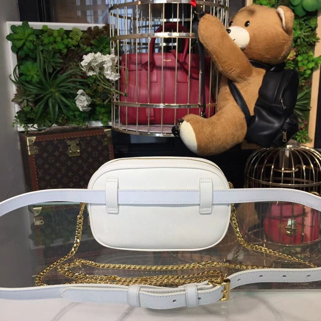 Prada Saffiano Fanny Pack 20cm Bag with Chain 1BL007 Calfskin Leather Spring Summer 2018 Collection White