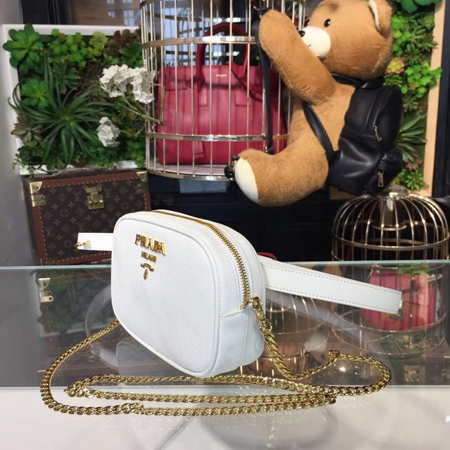 Prada Saffiano Fanny Pack 20cm Bag with Chain 1BL007 Calfskin Leather Spring Summer 2018 Collection White