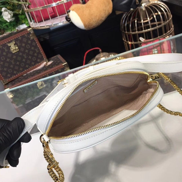 Prada Saffiano Fanny Pack 20cm Bag with Chain 1BL007 Calfskin Leather Spring Summer 2018 Collection White
