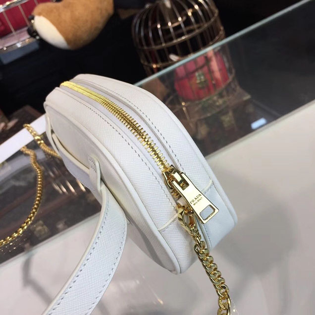 Prada Saffiano Fanny Pack 20cm Bag with Chain 1BL007 Calfskin Leather Spring Summer 2018 Collection White