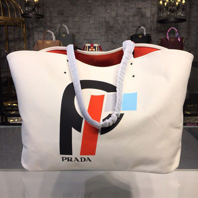 Prada Canvas Prada Logo Tote Bag 42cm 1BG220 Canvas Spring Summer 2018 Collection White