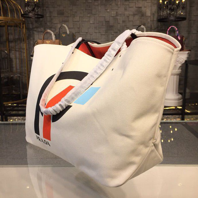 Prada Canvas Prada Logo Tote Bag 42cm 1BG220 Canvas Spring Summer 2018 Collection White