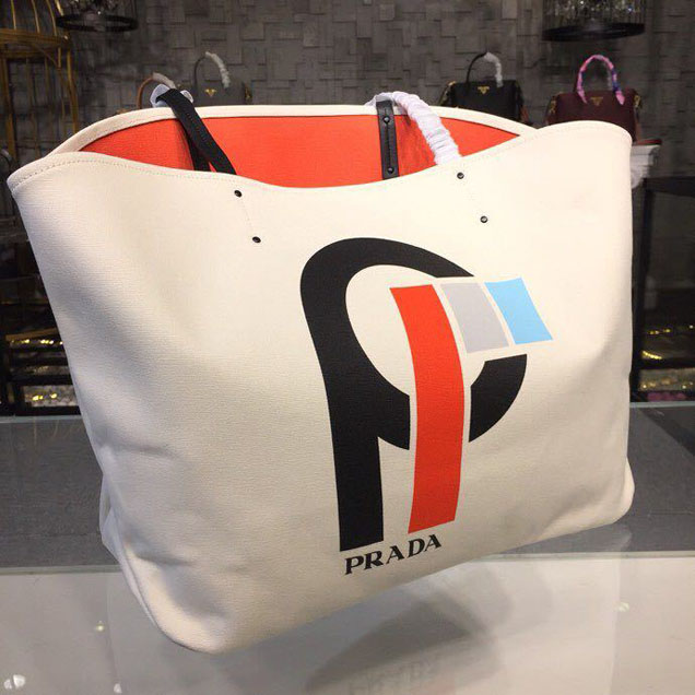 Prada Canvas Prada Logo Tote Bag 42cm 1BG220 Canvas Spring Summer 2018 Collection White
