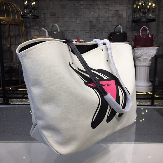 Prada Canvas Bananas Tote Bag 42cm 1BG220 Canvas Spring Summer 2018 Collection White