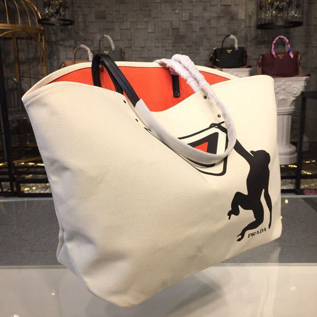 Prada Canvas Monkey Tote Bag 42cm 1BG220 Canvas Spring Summer 2018 Collection White