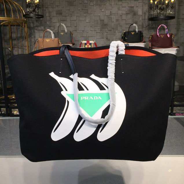 Prada Canvas Bananas Tote Bag 42cm 1BG220 Canvas Spring Summer 2018 Collection Black