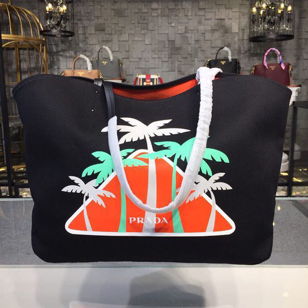 Prada Canvas Beach Tote Bag 42cm 1BG220 Canvas Spring Summer 2018 Collection Black