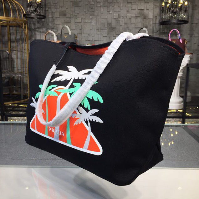 Prada Canvas Beach Tote Bag 42cm 1BG220 Canvas Spring Summer 2018 Collection Black