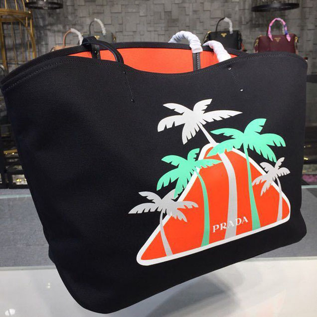 Prada Canvas Beach Tote Bag 42cm 1BG220 Canvas Spring Summer 2018 Collection Black