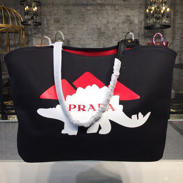 Prada Canvas Dinosaur Tote Bag 42cm 1BG220 Canvas Spring Summer 2018 Collection Black