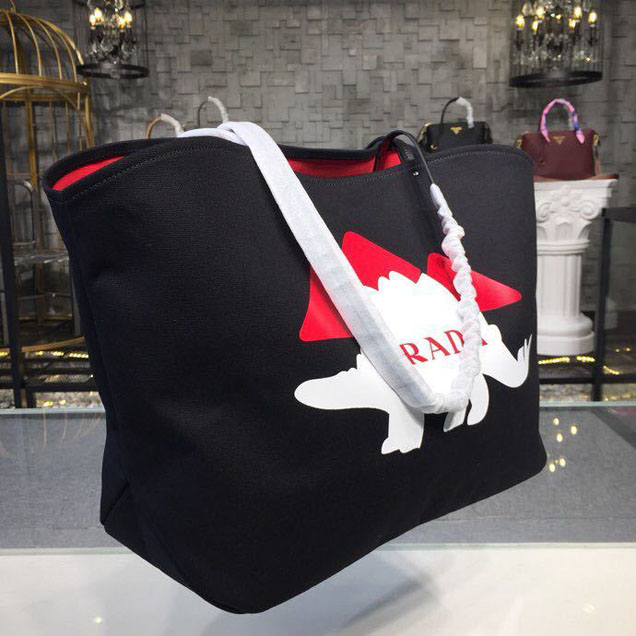 Prada Canvas Dinosaur Tote Bag 42cm 1BG220 Canvas Spring Summer 2018 Collection Black