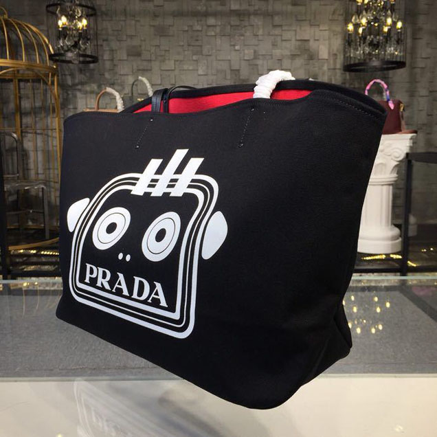 Prada Canvas Robot Tote Bag 42cm 1BG220 Canvas Spring Summer 2018 Collection Black