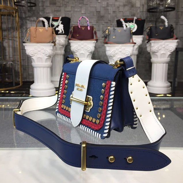Prada Cahier 20cm Bag 1BD045 Denim Calfskin Leather Spring Summer 2018 Collection White Blue
