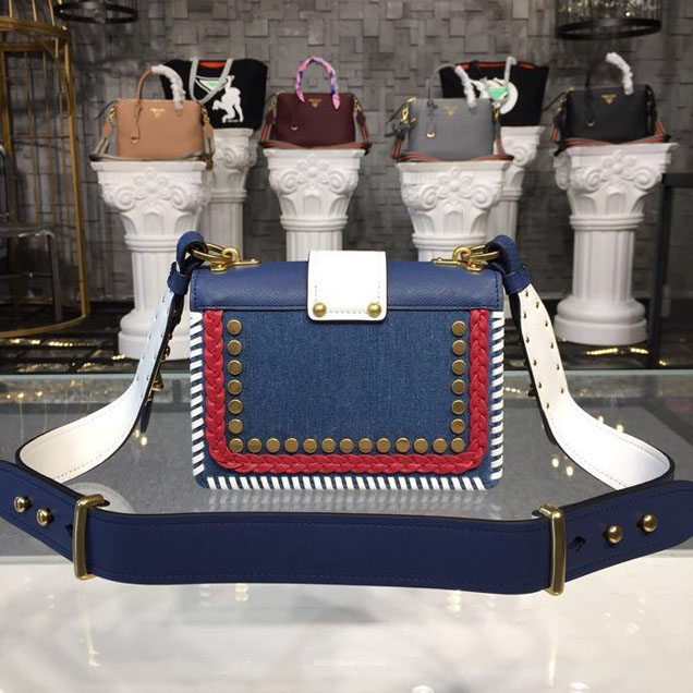 Prada Cahier 20cm Bag 1BD045 Denim Calfskin Leather Spring Summer 2018 Collection White Blue