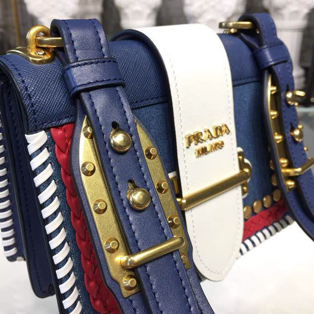 Prada Cahier 20cm Bag 1BD045 Denim Calfskin Leather Spring Summer 2018 Collection White Blue