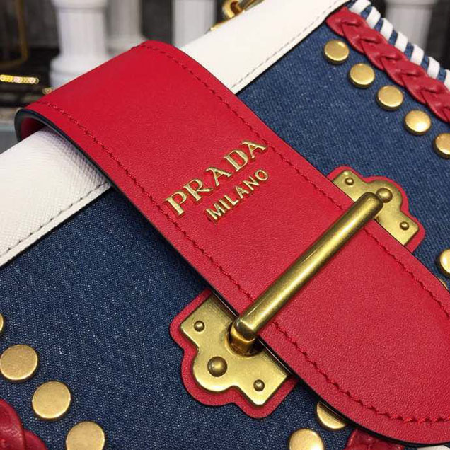 Prada Cahier 20cm Bag 1BD045 Denim Calfskin Leather Spring Summer 2018 Collection White Red
