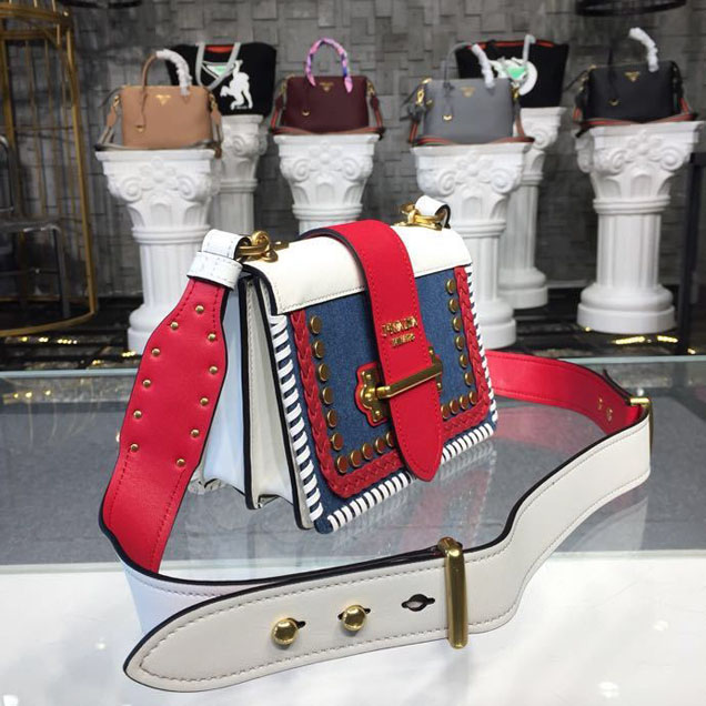 Prada Cahier 20cm Bag 1BD045 Denim Calfskin Leather Spring Summer 2018 Collection White Red