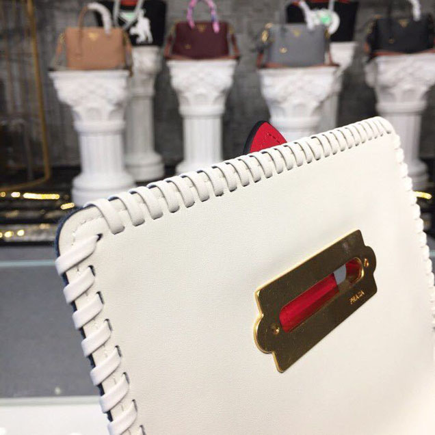 Prada Cahier 20cm Bag 1BD045 Denim Calfskin Leather Spring Summer 2018 Collection White Red