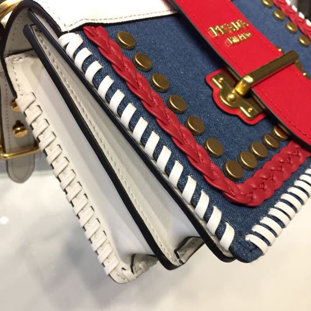 Prada Cahier 20cm Bag 1BD045 Denim Calfskin Leather Spring Summer 2018 Collection White Red