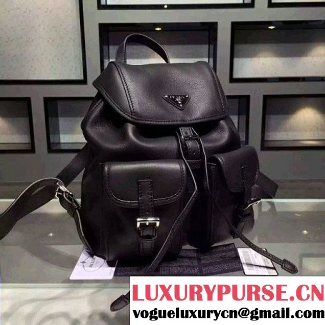 Prada B6677B Black Leather Backpack With Top-Stitching  (2A016-061118 )