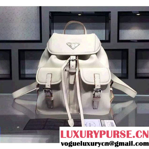 Prada B6677B White Leather Backpack With Top-Stitching  (2A016-061119 )