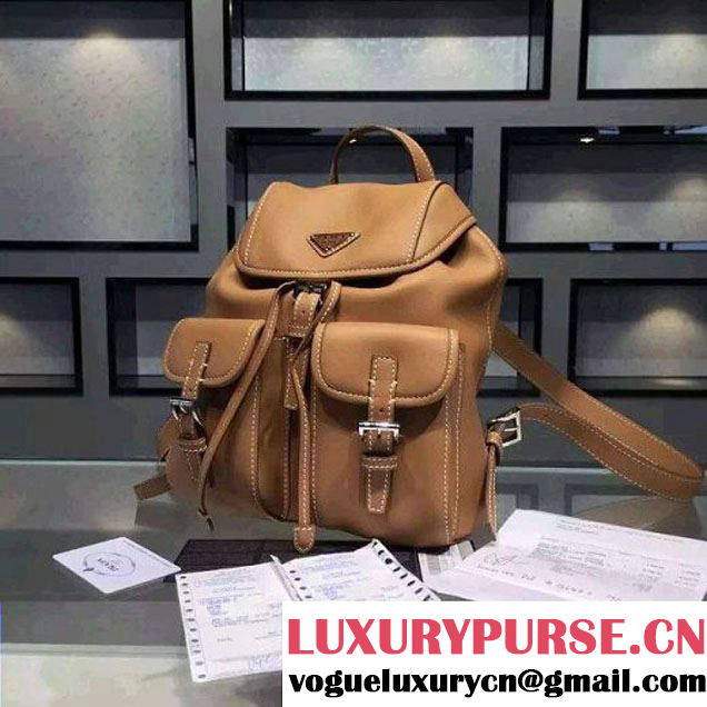 Prada B6677B Camel Leather Backpack With Top-Stitching  (2A016-061120 )