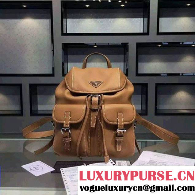 Prada B6677B Camel Leather Backpack With Top-Stitching  (2A016-061120 )