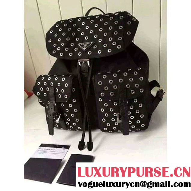 Prada Fabric Backpack With Grommet 1BZ811 Black 2016 (2A016-6041805 )