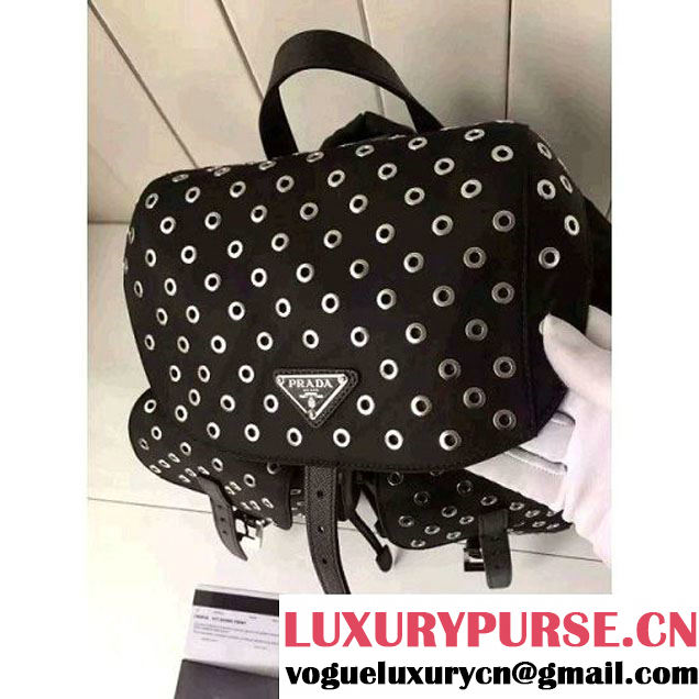 Prada Fabric Backpack With Grommet 1BZ811 Black 2016 (2A016-6041805 )