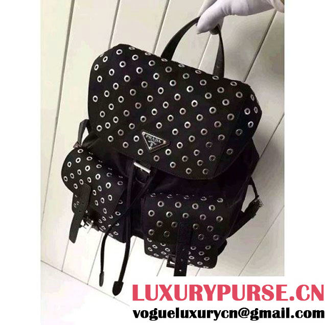 Prada Fabric Backpack With Grommet 1BZ811 Black 2016 (2A016-6041805 )