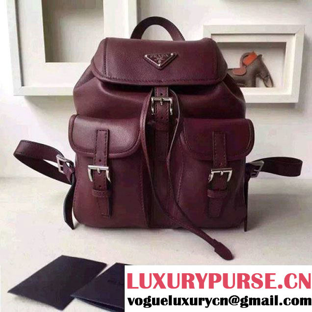 Prada B6677B Burgundy Leather Backpack With Top-Stitching (2A016-6051613 )