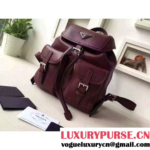 Prada B6677B Burgundy Leather Backpack With Top-Stitching  (2A016-6051613 )