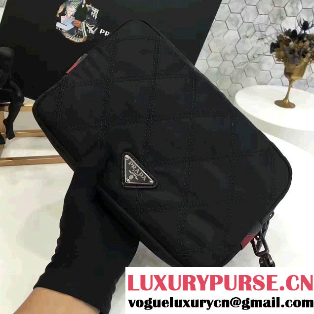 Prada Saffiano Leather Nylon Pouch With Double Top-Stitching Travel Kit 2NE007 Black/Hot Pink 2017