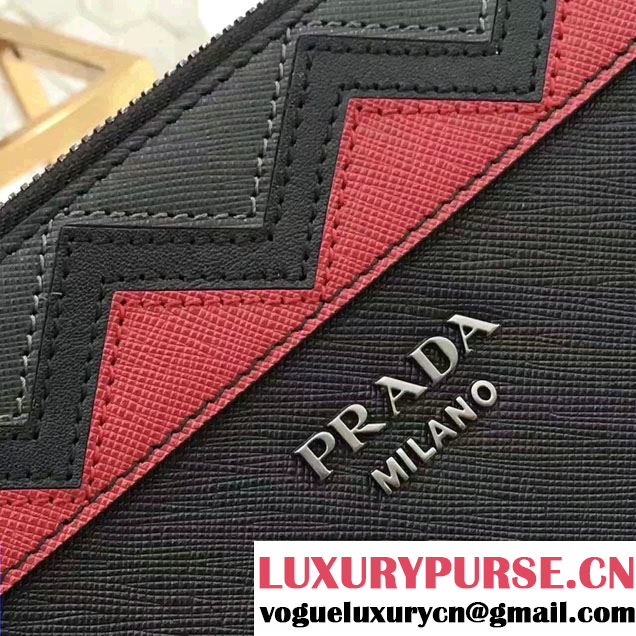 Prada Saffiano Leather Pouch With Intarsia Details Travel Kit 2NE009 Black/Hot Pink 2017