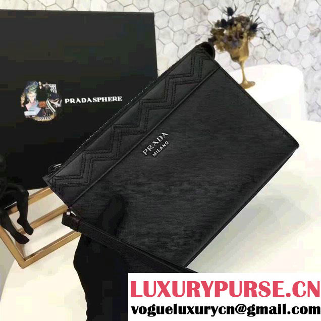 Prada Saffiano Leather Pouch With Intarsia Details Travel Kit 2NE009 Black 2017