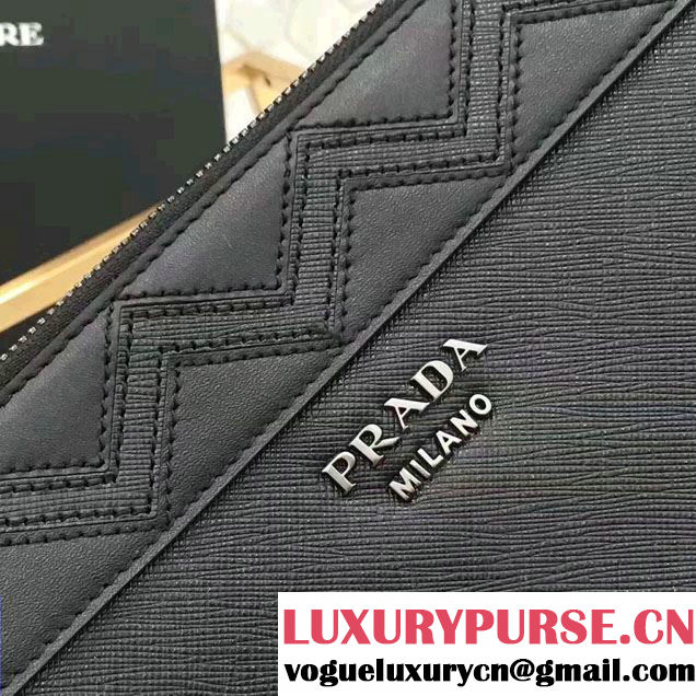Prada Saffiano Leather Pouch With Intarsia Details Travel Kit 2NE009 Black 2017