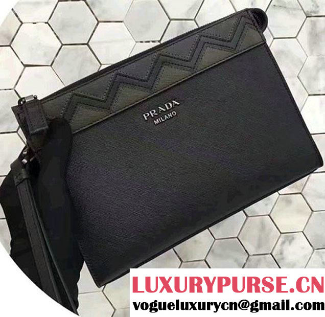 Prada Saffiano Leather Pouch With Intarsia Details Travel Kit 2NE009 Black/Dark Green 2017