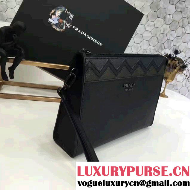 Prada Saffiano Leather Pouch With Intarsia Details Travel Kit 2NE009 Black/Dark Green 2017