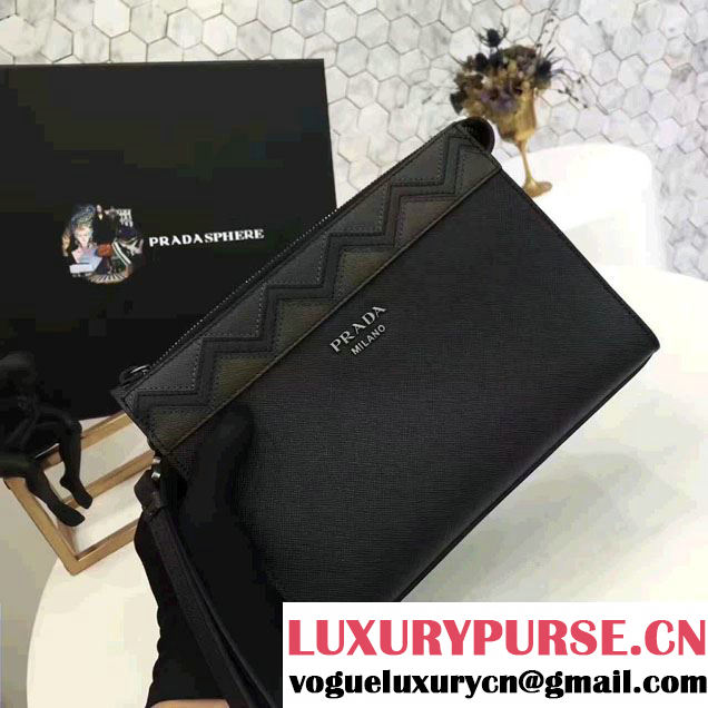 Prada Saffiano Leather Pouch With Intarsia Details Travel Kit 2NE009 Black/Dark Green 2017