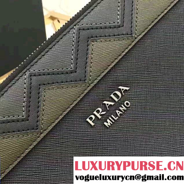 Prada Saffiano Leather Pouch With Intarsia Details Travel Kit 2NE009 Black/Dark Green 2017