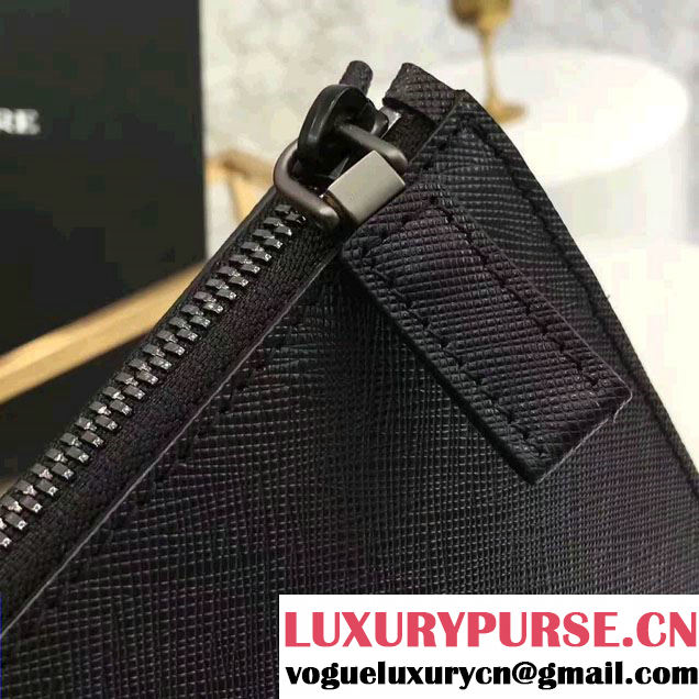 Prada Saffiano Leather Pouch With Intarsia Details Travel Kit 2NE009 Black/Dark Green 2017